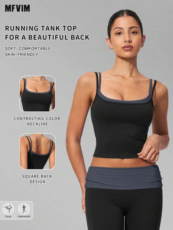 MFVIM Spring/Summer Women's Nude-Feel Contrast Color Sports Tank Top, Hollow Back Design With Large V-Shape To Show Off Beautiful Shoulder Blades, V-Neckline To Highlight Collarbone Lines, Breathable Comfortable Casual Sports Running Top, Versatile Women's Sports Tank Top For Outdoor Jogging, Cycling, Pilates, Yoga, Gym Workout