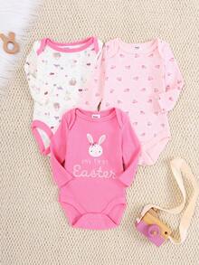DILAVEL 3pcs Baby Long Sleeve Jumpsuit Set, My First Easter Rabbit Print Baby Girl Jumpsuit Set, Soft Cotton Newborn Baby Girl Jumpsuit - Baby Pink - View 1