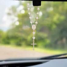 1pc Heart-Shaped Faux Pearl Cross Hanging Ornament, Metal Retro Car Mirror Pendant Decoration - A - View 1