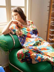 Women's Floral Print Patchwork Polka Dot Single-Breasted Short Sleeve Top And Casual Long Pants Pajama Set - Multicolor - View 3