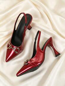 1 Pair Hot Red Pointed Toe High Heel Shoes, Shiny PU Material, Metal Horse Bit Buckle Decor, Closed Toe Back Strap Slip-On Design, Luxury Party Style, Suitable For Dating, Evening Dinner, Party, Daily Commute, Travel And Outdoor Wear - Rouge Casaque - View 5