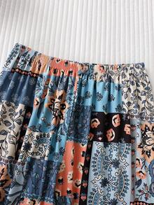 Women's Patchwork Floral Print 2 Pieces Pajama Set, Lapel Long Sleeve Top And Elastic Waist Long Pants, Soft Loungewear - Teal Blue - View 8