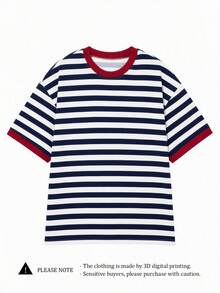 Striped Print Oversized Loose Fit Short Sleeve T-Shirt, Casual Vacation For Women Summer - Navy Blue - View 3