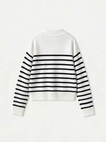 Women's New Classic Retro Style Black And White Striped Collar Long Sleeve Knit Sweater Fall - Black and White - View 6