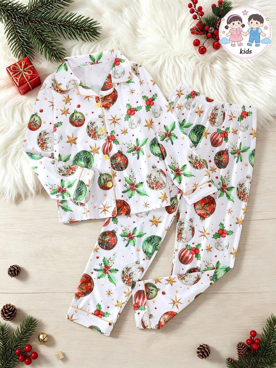 2pcs/Set Christmas Tween Girl Pajama Set, Cartoon Christmas Element Print Pattern Lapel Long Sleeve Cardigan With Elastic Waist Long Pants, Flame Retardant Knit Fabric, Suitable For All Seasons, Girls Mid-To-Large Children - White - View 1