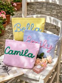 Personalized 3D Embroidered Makeup Bag, Customized Name Cosmetic Storage Pouch, Bridesmaid Gift, Wedding Party Travel Toiletry Organizer, Suitable For Women And Girls - Multicolor - View 8