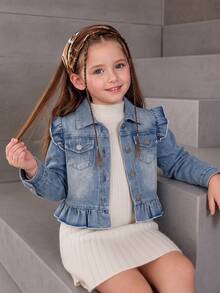 Jaket Denim Berumbai untuk Anak Perempuan, Atasan Denim Pendek Berkerah Tunggal Lengan Pendek Model Putri Manis untuk Musim Semi/Gugur, Jaket untuk Anak Perempuan Muda - Biru - View 2