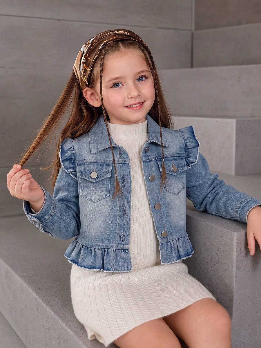Girls' Frill Trim Denim Jacket, Spring/Autumn New Style, Elegant Flutter Sleeve, Wood Ear Hem, Lapel Collar, Single-Breasted Short Casual Jacket - Blue - View 1