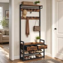 SONGMICS Garderobe mit Schuhbank, Garderobe, Garderobenständer mit 2 Stoffschubladen, 30 x 80,4 x 181,6 cm, braun-schwarz - Vintage Braun-Schwarz - Übersicht 2