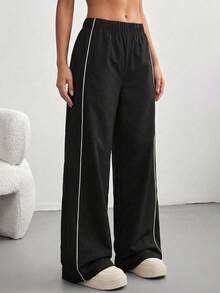 FWH Daily EssentialPants 街頭 OOTD 女款健身瑜伽運動跑步運動長褲 寬腿褲 黑色 秋季 - 黑色 - 查看 1