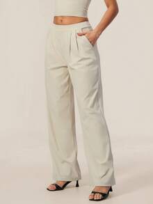TimeOff Women's 1pc Solid Color Autumn/Winter Pleated Front Side Pocket Straight Wide Leg Pants - Apricot - View 8