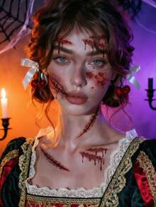 1 Folha de Tatuagens Temporárias de Rosto de Terror de Halloween, Adesivos de Cicatriz Falsa com Ferida Costurada Sangrenta, Tatuagens Realistas de Boca de Demônio com Dentes Afiados e Sangue Escorrendo para Cosplay, Festa à Fantasia, Maquiagem de Rosto e Corpo, Decorações de Rave - Multicolorido - Visão 4