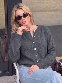 Nicenter Women's Fall Winter Grey Casual Crew Neck Button Front Long Sleeve Wool Blend Sweater Cardigan, Casual Simple For Office Daily Home Date - Grey - View 7