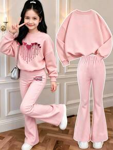 Teen GirlSweet Heart Print Crew Neck Sweatshirt & Printed Flare Pants 2-Piece Set, Autumn Winter Outfit, Campus Style, Homecoming Look - Pink - View 3