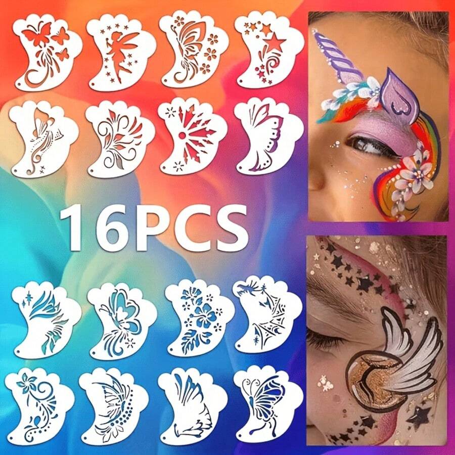 16pcs Face Painting Stencil Set For Masquerade, Cosplay, Carnival Party, Birthday Party, Hollow Colorful Painting Template Auxiliary Tool, DIY Hand-Drawn Template, Graffiti Printing Spray Painting Template, PET Material Washable, Foldable, Reusable