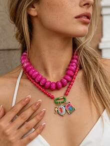 OABE Set Kalung Manik-Manik Gaya Bohemian untuk Liburan Pantai Warna Merah Mawar dengan Liontin Makhluk Laut, 2 Buah/Set, Cocok untuk Wanita - MultiWarna - View 8