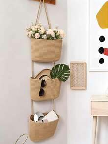 [Free Ship(14in)]Woven Cotton 3-Tier Over The Door Basket, Wall-Mounted Jute Storage Organizer In Bathroom – Decorative Nursery Baskets, Toys Small Basket Gift Hook Laundry Basket House Organizers,Halloween, Christmas, Home Decor &Storage Accessories - View 9