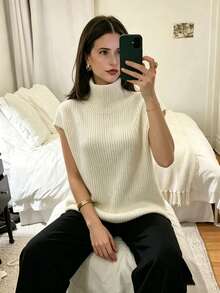 Apricot Ribbed Semi-High Neck Sleeveless Loose Knit Vest Top Casual Knit Tank Top Daily Street Style Coffee Outing Light Commute O - Apricot - View 4