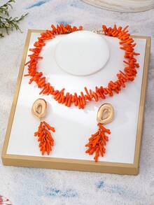 Women's Jewelry Set Bohemian Beach Vacation Faux Coral Necklace & Earrings Set, Suitable For Vacation Wear - Orange - View 2