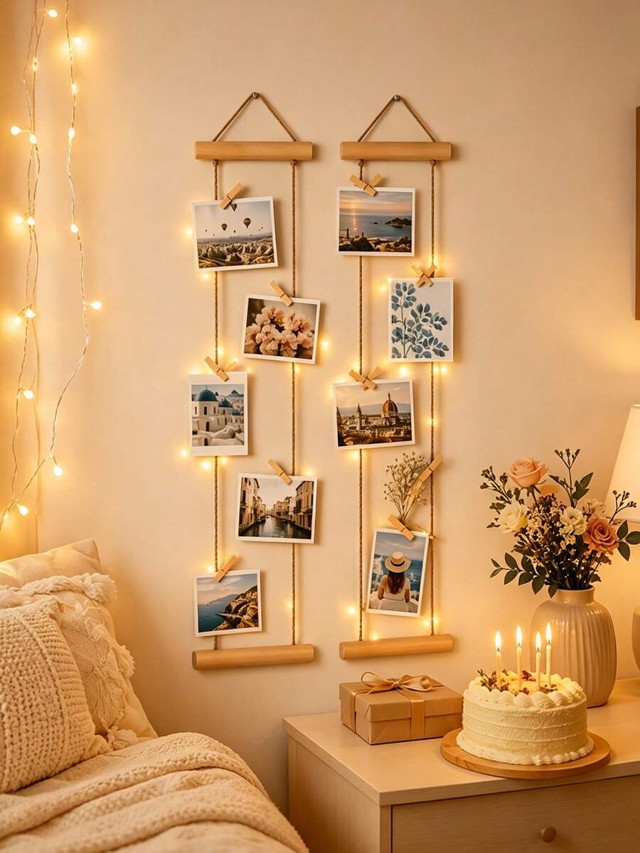 18pcs Wall Hanging Photo Display Set/Natural Wood Photo Wall Hanging Rope/Wooden Hemp Rope Decorative Photo Clips/Hanging Photo Clips Frame/Includes 1 Hanging Display Rack + 15 Photo Clips + 1 Adhesive Hook + 1 Metal Hook - Multiple Styles - View 1
