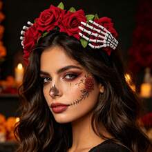 2pcs/1pc Halloween Rose Skeleton Hand Headband, Gothic Black & Red Floral Skeleton Hand Day Of The Dead Women's Party Cosplay Hair Accessory - Multicolor - View 1