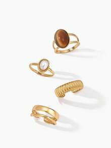 Vandermere 4pcs Fashion Vintage Stainless Steel Gold-Plated Old Money Style Geometric Oval Line Rings Set Suitable For Women's Daily Wear - Yellow Gold - View 3