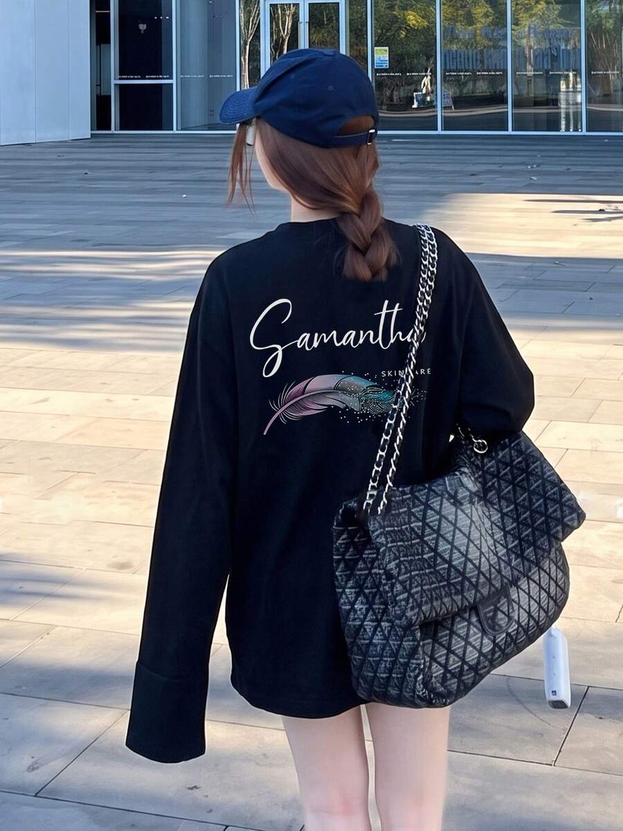 Women's Spring/Autumn Loose Fit Versatile Round Neck Fashion Casual Cartoon Print Long Sleeve T-Shirt Black - Black - View 1