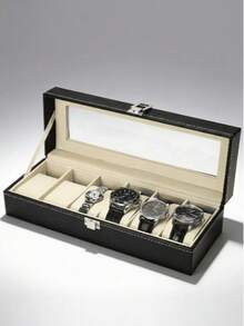 Luxury Classic PU Leather 6-Slot Watch Display Box | Men's Watch Collection Storage Box With Transparent Glass Lid And Velvet Lining, Suitable For Vanity Display, Ideal Gift For Watch Enthusiasts - Multicolor - View 1