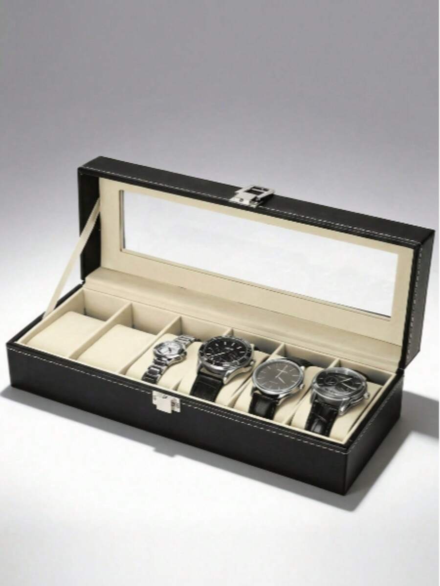Luxury Classic PU Leather 6-Slot Watch Display Box | Men's Watch Collection Storage Box With Transparent Glass Lid And Velvet Lining, Suitable For Vanity Display, Ideal Gift For Watch Enthusiasts - Multicolor - View 1