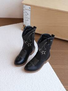 1 Pair Girls' Star & Moon Embroidered Mid-Calf Boots, Spring/Autumn Colorblock Mid-Calf Boots, Little Girls' Side Zipper Vintage Chunky Heel Boots - Black - View 4