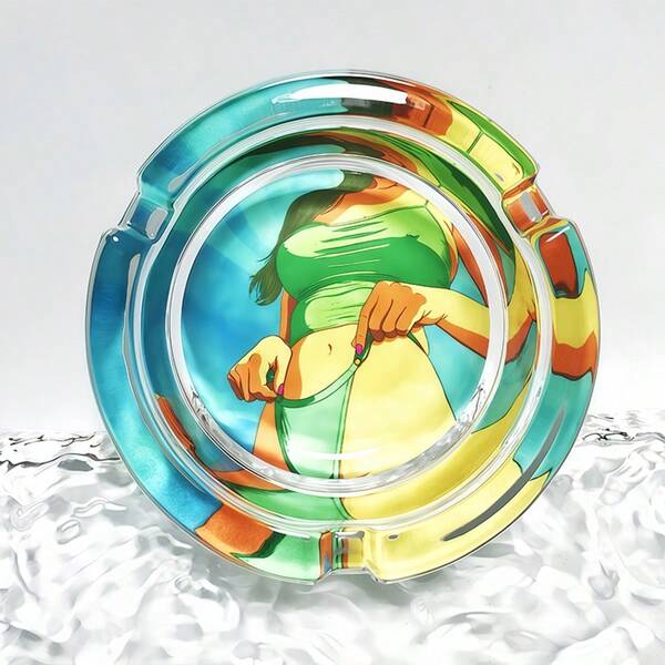 Happy Girl Pattern Glass Ashtray, Fashionable Home Decor Ornament, 3.34 Inch Round Ashtray, Gift For Friends