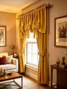 1PC New Red Bow Velvet Designer Decorative Small Window Curtain, Light-Filtering Kitchen Curtain For Multiple Uses, Rod Pocket Design, Fresh Style Finished Short Curtain - Gold - View 3