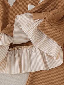 2pcs Baby Girl Cute White Bow Decor Striped Long Sleeve Top & Casual Flare Pants Set, Thin Spring/Autumn - Apricot - View 6
