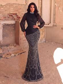 Women's Luxury Long Mermaid Sequin Formal Dress, Bishop Sleeves, Ruched Details, Round Neck, Suitable For Evening Party - Black - View 4