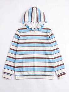 1pc Teen Girl Blue Brown White Colorblock Striped Sweatshirt Sweatshirt, Korean Style Unisex Loose Casual Pullover Sweatshirt, Suitable For Spring And Autumn - Blue - View 3