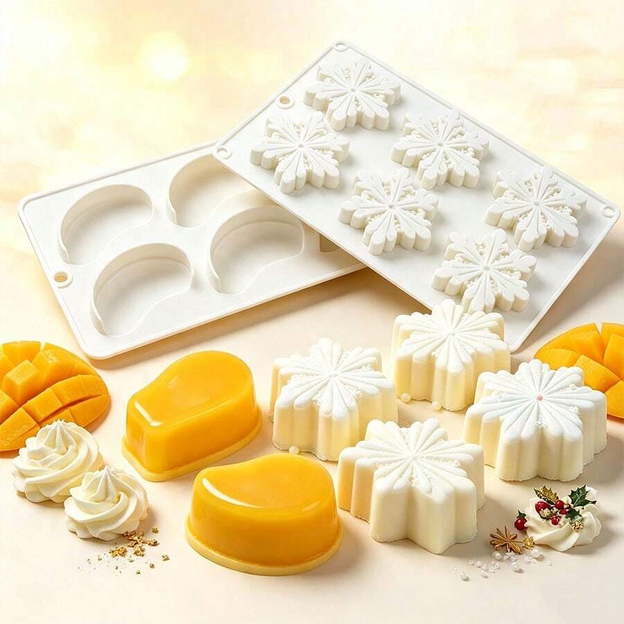 6-Cavity Snowflake/Mango-Shaped Reusable Baking Mold For DIY Mousse, Chocolate, Chiffon, Cheesecake, Ice Cream, Jelly, Pudding, Easter, Christmas, Valentine's Day, Graduation, Birthday Party, Christmas Tree - White - View 1