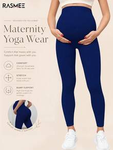 Maternity High Waist Seamless Elastic Solid Color Leggings, Suitable For Casual Daily Wear Spring - Royal Blue - View 1
