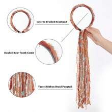 Serre-tête en peluche Maillard coloré avec long ruban à franges, accessoire de cheveux tressés, décoration de cheveux tressés style serre-tête, élastique à cheveux en corde tressée colorée en peluche - Noir - Voir 3