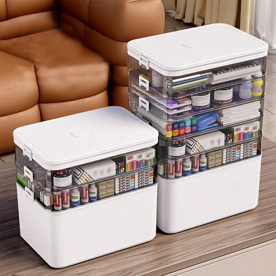 YOUFUNIQUE 3-Tier & 5-Tier Large Capacity Multi-Layer Storage Box, Transparent Portable Art And Sewing Supplies Organizer With Handle, Clear Trays And Labels For Crafts, Beads, Cosmetics, Jewelry, Travel, Camping, Home And Office - White Five-layer - View 1