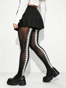 1 Pair Plus Size Women Gothic Y2K Skeleton Print Sheer Tights, Back Spine Seam + Full Leg Bone Dual Style, Subculture Pantyhose, Suitable For Halloween Cos Party Outfit - Black - Back Print Style - View 1