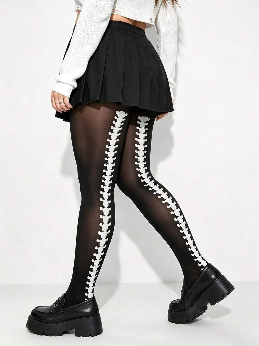 1 Pair Plus Size Women Gothic Y2K Skeleton Print Sheer Tights, Back Spine Seam + Full Leg Bone Dual Style, Subculture Pantyhose, Suitable For Halloween Cos Party Outfit - Black - Back Print Style - View 1