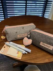 1pc (Keychain Not Included) Light Gray Large Star Pencil Case, Fresh Fashion Large Capacity Stationery Storage Bag, Cute Fashion Makeup Bag, Suitable For Middle School Girls, Student Desk Stationery Storage Bag - Fresh and Simple - View 7