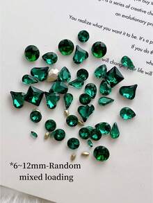 30Pcs Emerald Green Pointed Rhinestone Nail Art Decor, Viral Sparkling Heart & Square Sugar Glass Irregular Rhinestone Nail Decoration - Dark Green - View 6