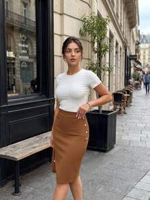 Plus Size New Elegant Casual High Waist Solid Color Pencil Skirt, Gold Button Detail Slim Fit Midi Skirt, Suitable For Work And Daily Wear - Burnt Orange - View 1