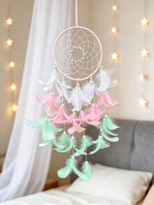 1pc Girls Dream Catcher, Butterfly Center, Pink And White Mixed Feathers And Transparent Beads, Bedroom Pink Decoration, With Decorative Box And White Raffia - Multicolor - View 3