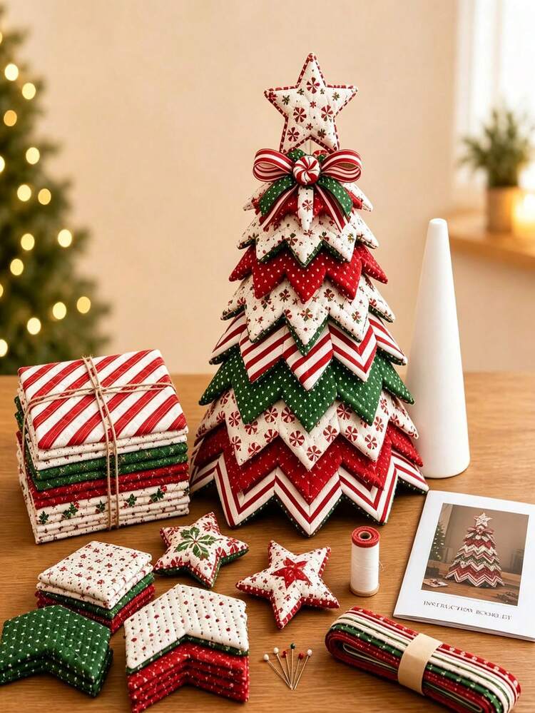1pc Christmas Tree Fabric Patchwork DIY Kit, Layered Patchwork Desktop Holiday Tree Making Tool Set, Rustic Style Christmas Tabletop Decor, Handmade Material Creative Christmas Gift - Christmas Tree - View 10