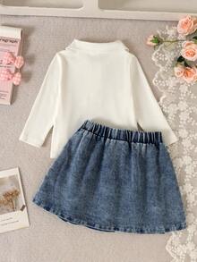 2pcs Infant/Toddler (Girl) Sweet Cool Embroidered Bow Collar Long Sleeve Top & Denim Shorts Set, Spring/Autumn Back To School Season - White - View 3