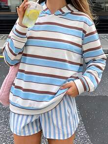 1pc Teen Girl Blue Brown White Colorblock Striped Sweatshirt Sweatshirt, Korean Style Unisex Loose Casual Pullover Sweatshirt, Suitable For Spring And Autumn - Blue - View 1