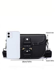 Vintage Saddle Bag Unisex Couple Crossbody Small Bag, Functional Style, Textured Litchi Grain Fabric, Personalized Metal Buckle Flap Design, Travel - Multicolor - View 6