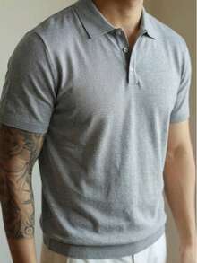 Men's Solid Color Knit Polo Short Sleeve Heather Grey Turn Collar Minimalist Basic Business Casual Knit Sweater - Grey - View 2